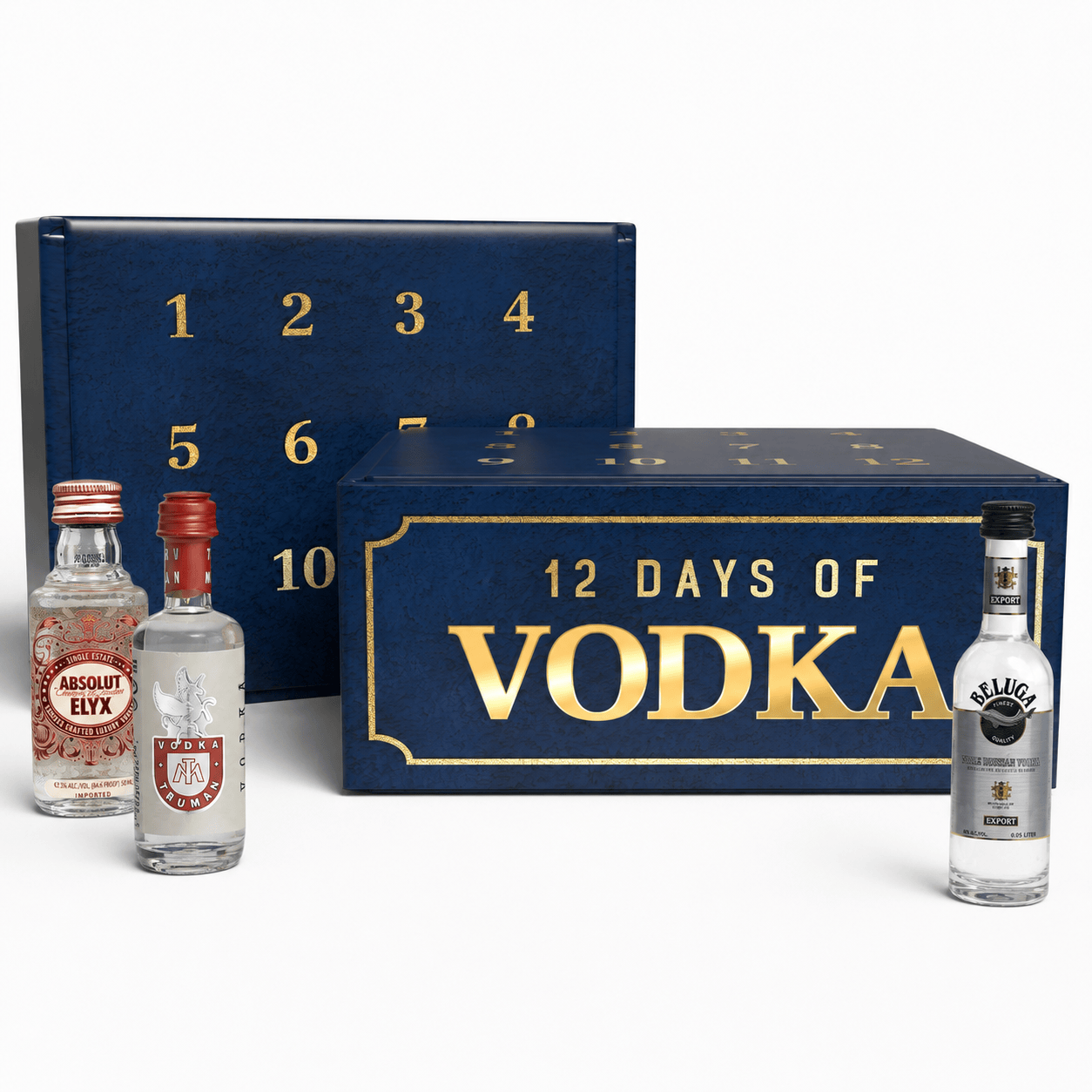 A 12-day vodka advent calendar set featuring a navy blue box with gold lettering and numbers, alongside three miniature vodka bottles including Absolut Elyx, Smirnoff, and Calvets, on a white background.